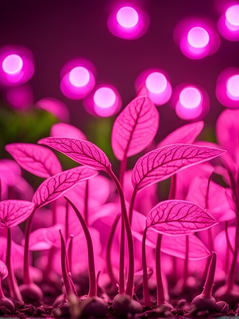 seedlings under a phytolamp with a pink glow