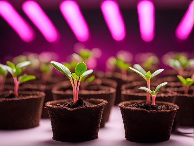 seedlings under a phytolamp with a pink glow
