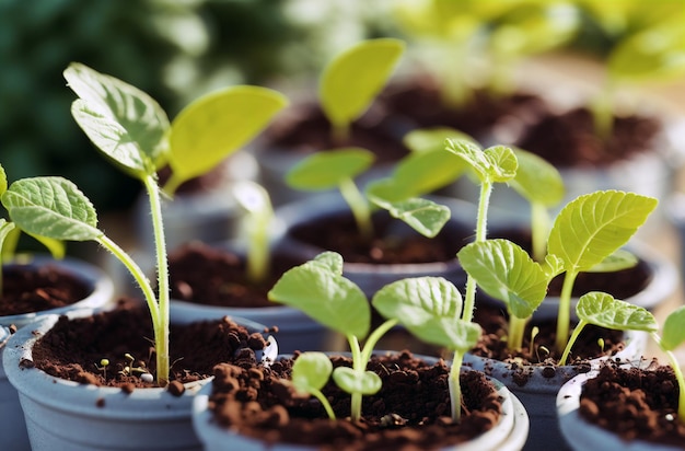 Seedlings in pots closeup Generative AI