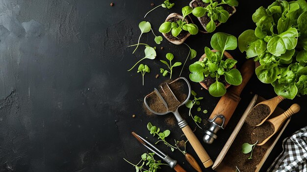 Photo seedlings vegetables with garden tools