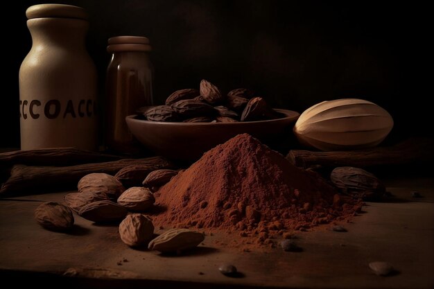 Seeds and cocoa powder on a table