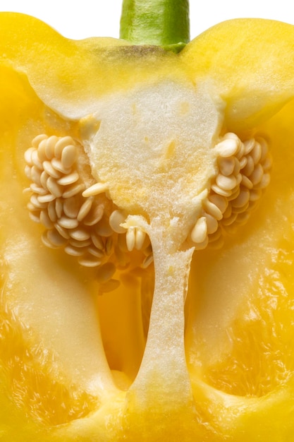 Seeds in a fresh raw yellow bell pepper inside close up