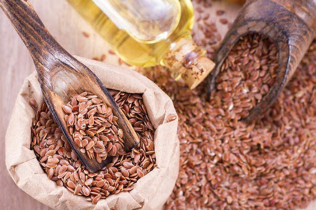 Seeds and linseed oil on the table