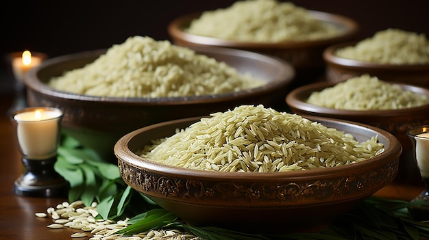 사진 seeds_rice_in_wooden_bowl_rice_fields_on_wooden_table