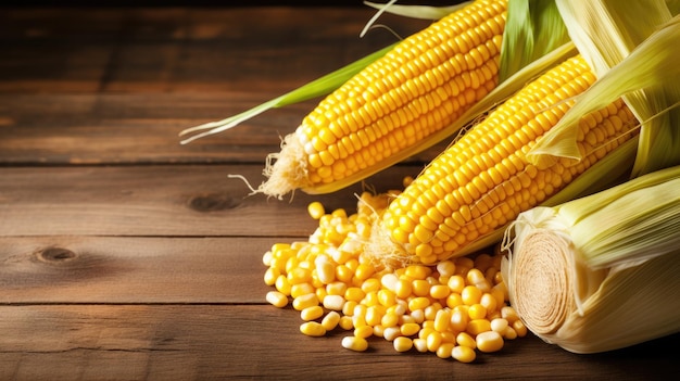 seeds and sweet corn on wooden table