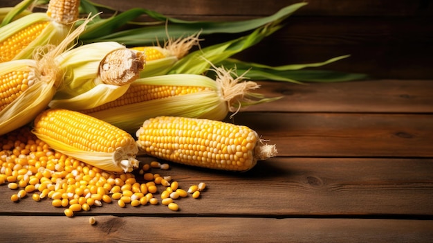 Seeds and sweet corn on wooden table