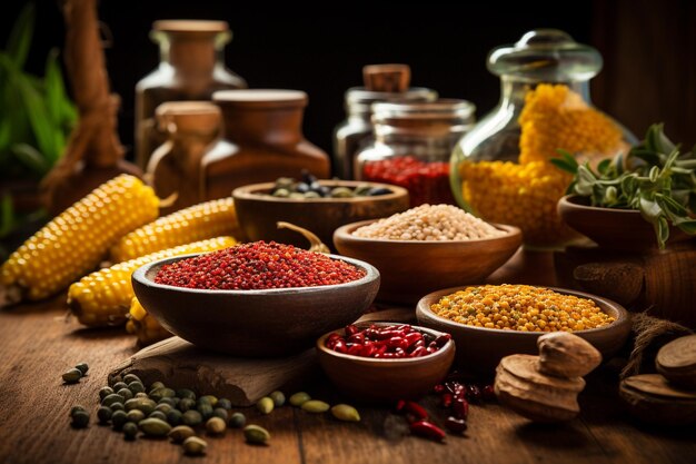 Seeds and sweet corn on wooden table