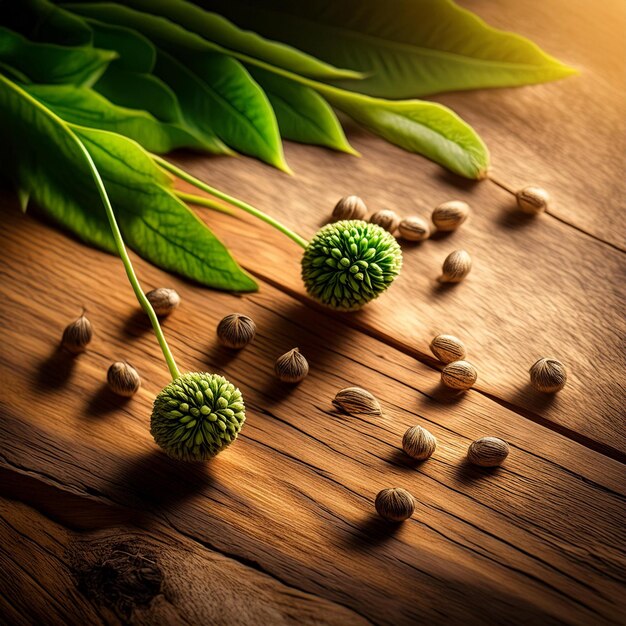 seeds of a wild plant green leaves and nature concept copy space on wooden table