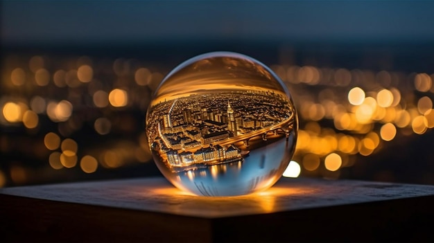 夜のガラス玉を通して街を見る 生成AI