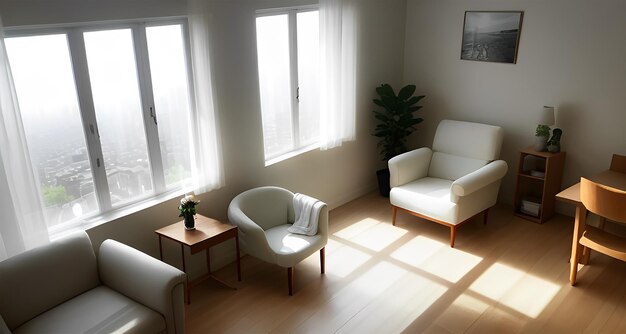 Seeing a great view outside from sun rays penetrated the window a minimalist large room armchair