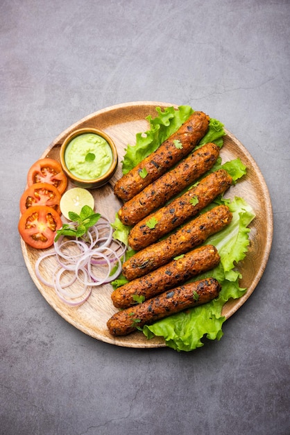 Seekh Kabab gemaakt met gehakt kip of schapenvlees keema, geserveerd met groene chutney en salade