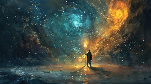 Человек, ищущий истину, с факелом отправляется в поиски в темном пространстве, символизируя исследование, открытие и просветление в стремлении к знаниям и пониманию.