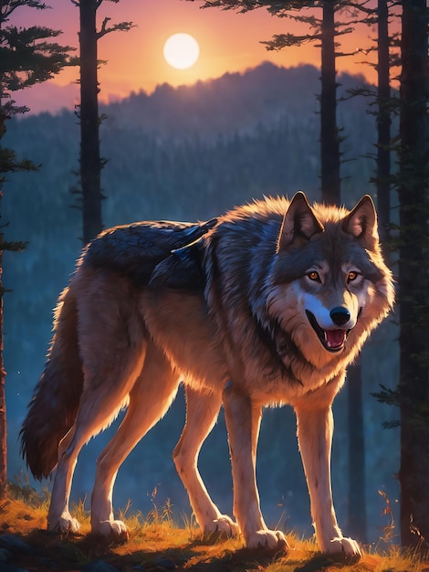 Photo seekor serigala mengaum di bawah sinar bulan yang terang di antara hutan belantara