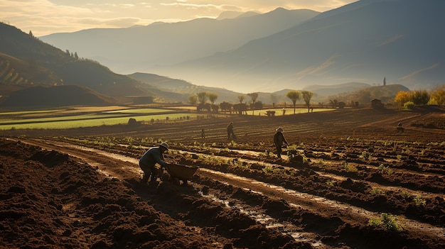 seen from a distance the farmers are working in their fields