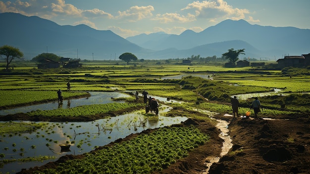 seen from a distance the farmers are working in their fields