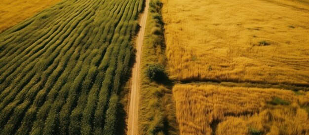 Seen from above an empty footpath crosses a rural area of wheat and green fields