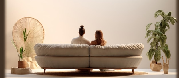 Photo seen from behind romantic couple relaxing on their sofa at home