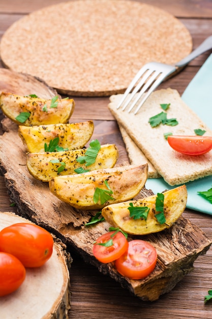 Segmenten van gebakken aardappelen met specerijen en kruiden op de schors van een boom