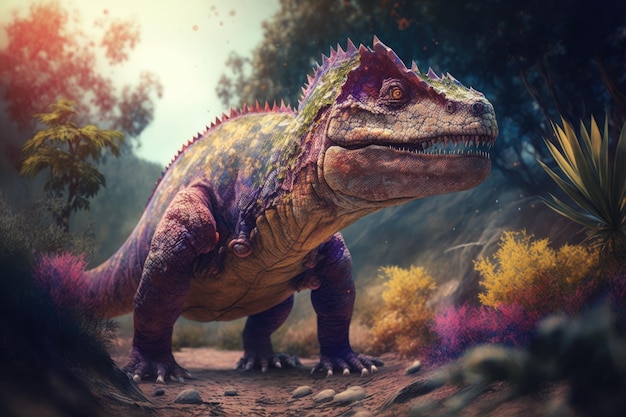 Photo segnosaurus colorful dangerous dinosaur in lush prehistoric nature by generative ai