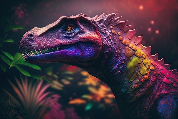 Photo segnosaurus colorful dangerous dinosaur in lush prehistoric nature by generative ai