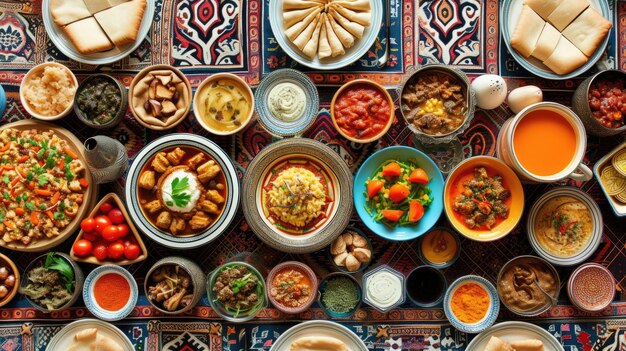 写真 伝統的なアラビアのパターンを背景にしたセーハールとイフターの食事