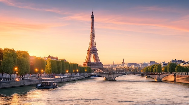 Seine in Parijs met Eiffeltoren in zonsopgangtijd