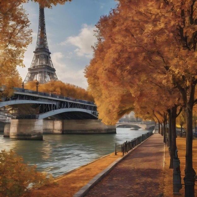 Seine in paris with eiffel tower in autumn season