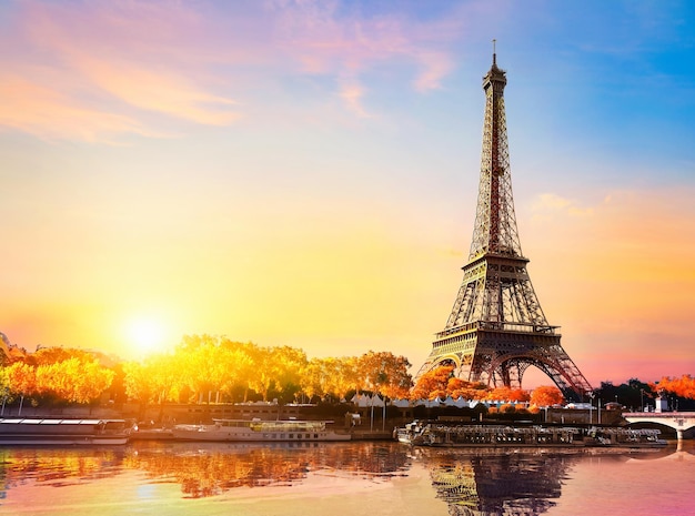 Seine in Paris with Eiffel Tower in sunrise time