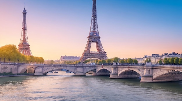 Photo seine in paris with eiffel tower in sunrise time