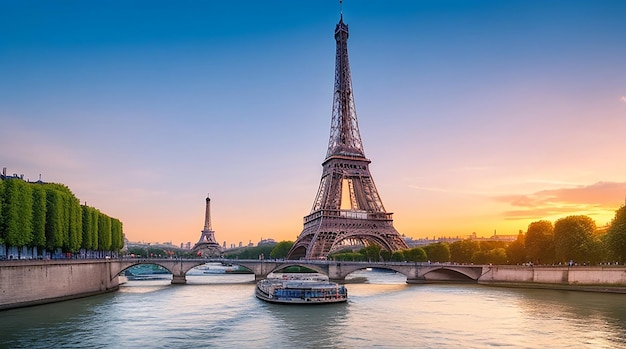 Photo seine in paris with eiffel tower in sunrise time