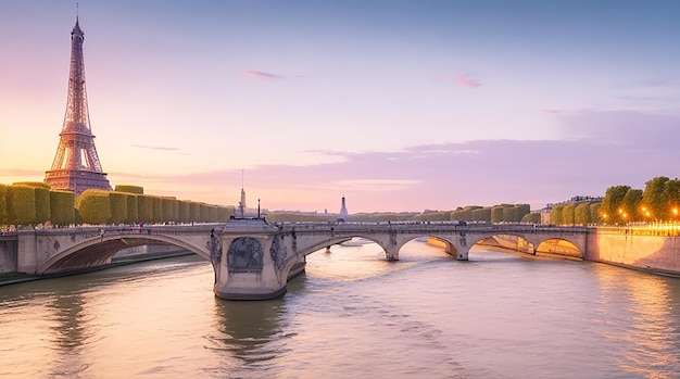 Photo seine in paris with eiffel tower in sunrise time