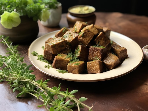 Photo seitan chunks marinated in herbinfused oil