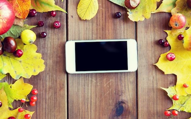 seizoen, reclame en technologie concept - close-up van smartphone in frame van herfstbladeren, fruit en bessen op houten tafel