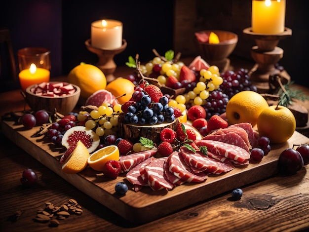 Seizoensgebonden fruit gesneden en op een houten plank gerangschikt