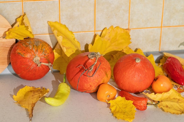 Seizoensgebonden oogst van pompoenen en groenten ingrediënten voor het bereiden van een schotel reclame en herfst concept close-up van pompoenen en bladeren op tafel thuis