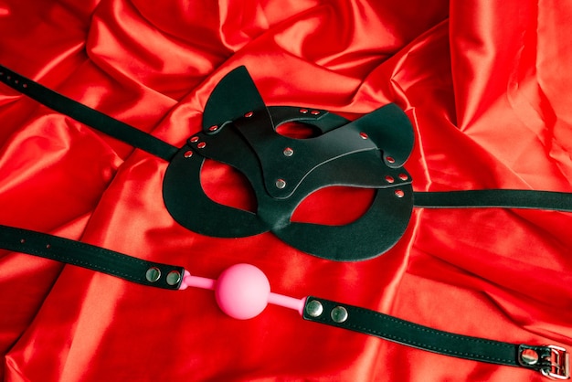 Seksspelletjes voor volwassenen. BDSM-artikelen. Lederen maskerkat en roze propbal op een rood satijnen laken.