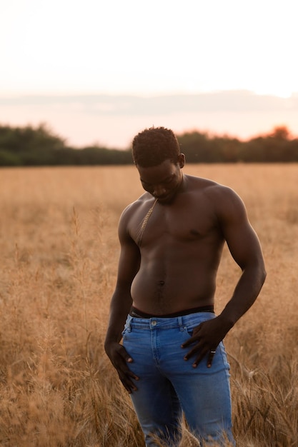 Seksuele man poseren zonder shirt in graanveld