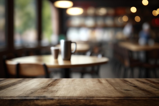 選択したフォーカスの空の茶色の木製のテーブルとコーヒー ショップ カフェやレストランは、フォト モンタージュや製品表示の背景画像をぼかし