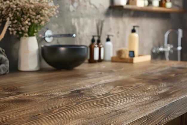 사진 선택된 초점은 제품 전시용 빈 갈색 목조 테이블 화장실 및 책상 조립