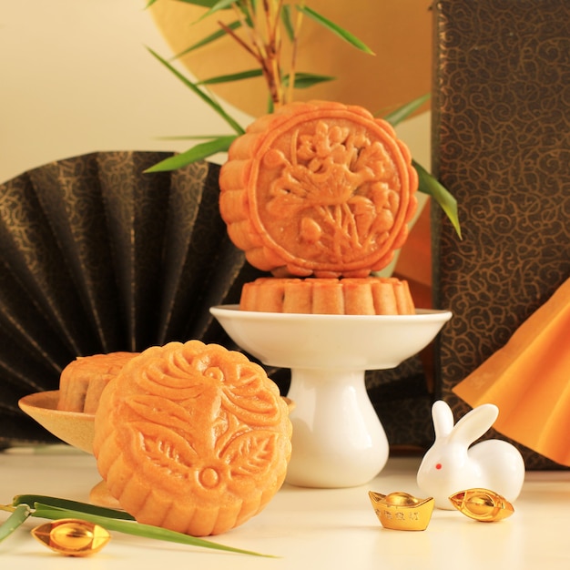 Selected Focus Moon Cake Chinese Dessert Snack during Lunar new year Mid Autumn Festival