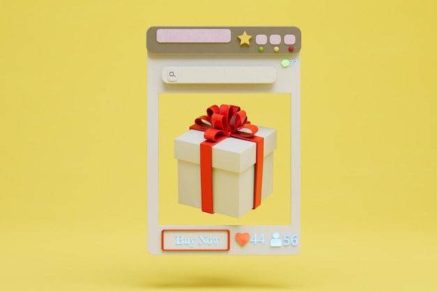 Selectie van geschenken op de internetpagina met een geschenkdoos met een rode strik op een gele achtergrond