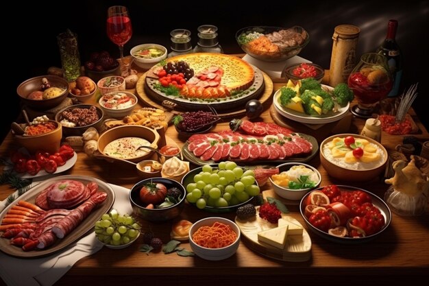 Selectie van kaas, vlees, fruit en groenten op een houten tafel