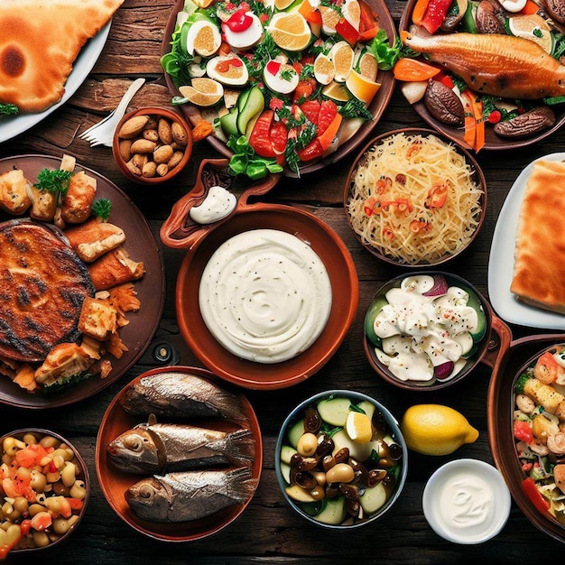Selectie van traditioneel grieks eten salade meze taart vis tzatziki dolma op houten achtergrond bovenaanzicht
