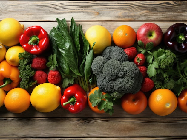 selectie van vers fruit en groenten op een witte houten tafel met uitzicht van boven