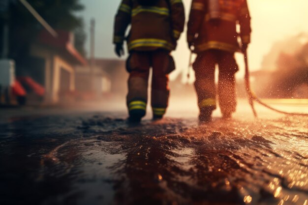 Selectieve focus Brandweermannen die een brandende brand bestrijden met vlammen gecreëerd met Generati