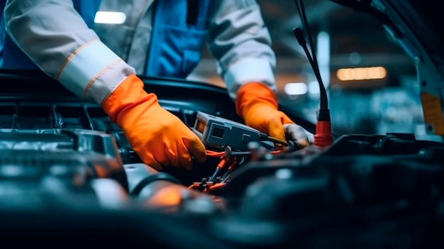 Selectieve focus handen in handschoenen van deskundige technici in elektrische auto EV auto terwijl geopend Een gebruikte Lithium-ion auto batterij voor de reparatie Generatieve AI