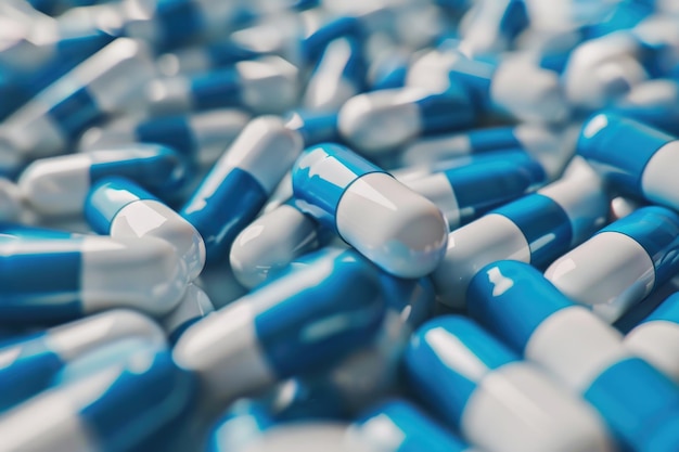 Selectieve focus op blauwe en witte antibioticacapsules Drugresistentie Farmaceutische industrie