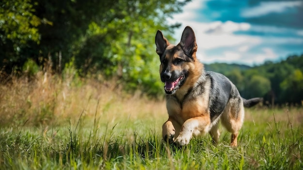 Selectieve focus op een schattige Duitse herder buiten bij daglicht