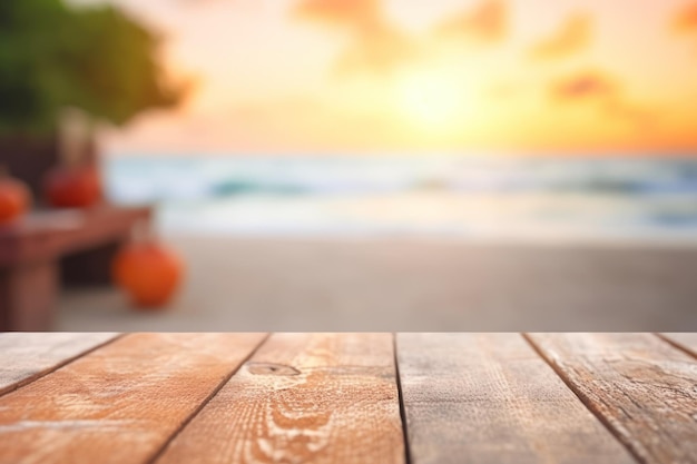 Selectieve focus op houten plank geïsoleerd op onscherp zomerstrand met bokeh achtergrond