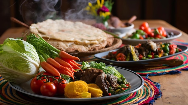 Selectieve focus shot van heerlijk Ethiopisch eten met verse groenten op een houten tafel